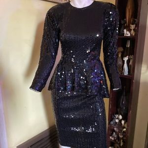 Vintage I.magnin black Sequin peplum cocktail dress glamour gown goth classy 80s